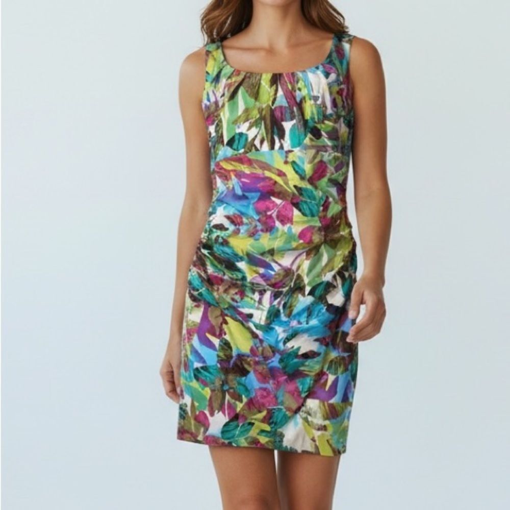 Suzi Chin for Maggy Boutique Elegant Ruched Printed Sleveeless Mini Dress in 14
